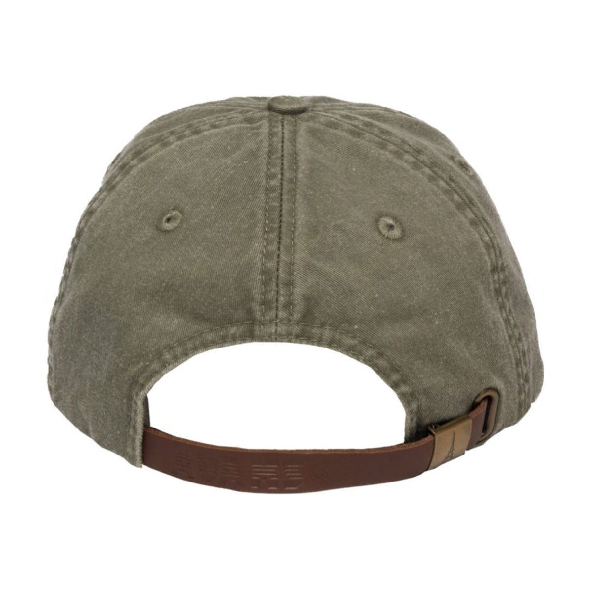 Back of the Let's Get This Bread olive dad hat, with adjustable leather strap