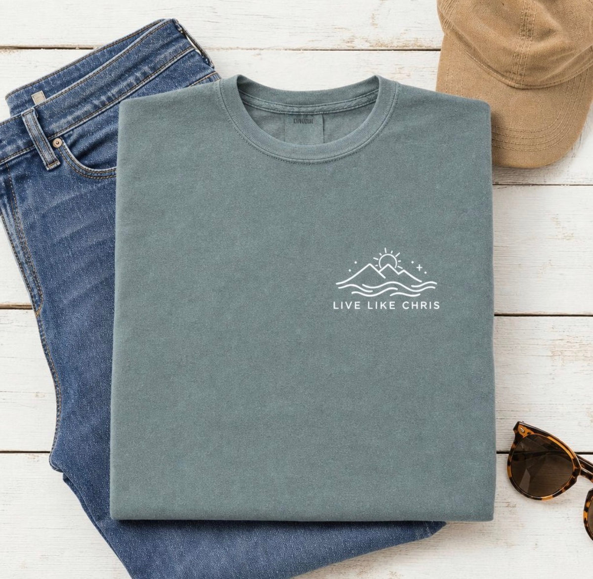Live Like Chris long sleeve tee in sage, folded