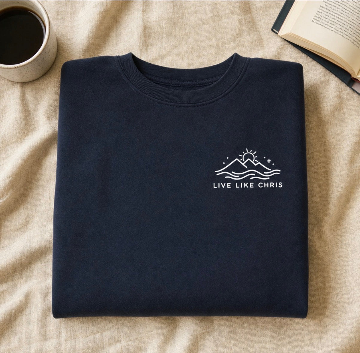 Live Like Chris navy crewneck sweatshirt, folded