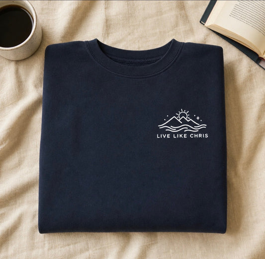 Live Like Chris navy crewneck sweatshirt, folded